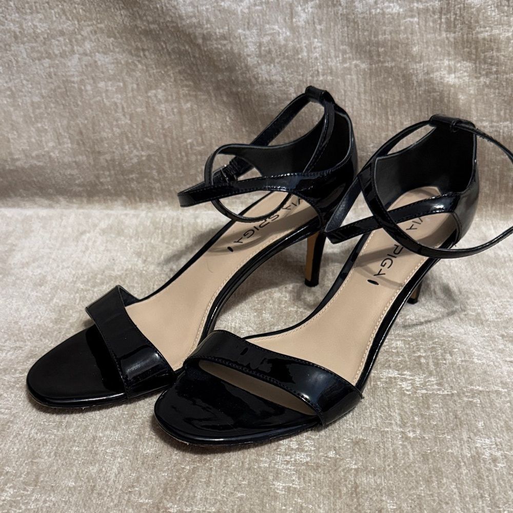 Via Spiga Black Patent Leather Ankle Strap Heels